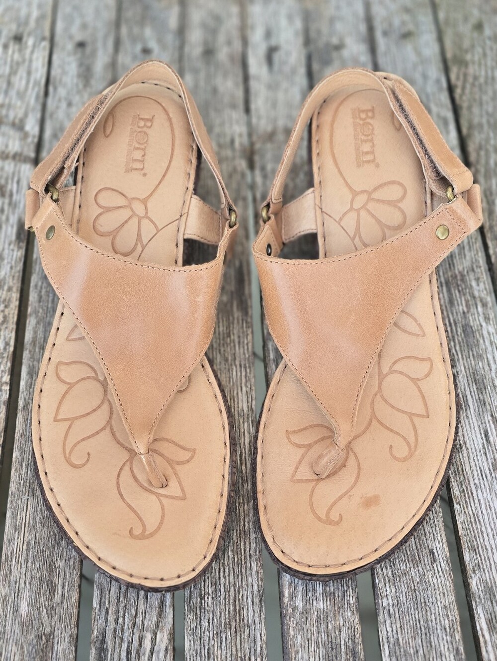 Born Tan Leather Floral-Embossed Toe-Post Slingback Sandals